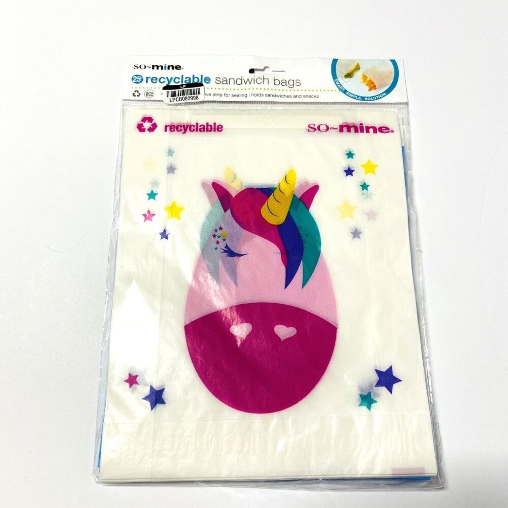 NEW So Mine Recyclable Sandwich Snack Bags w/ Seal Unicorn Rainbow BPA Free 25ct